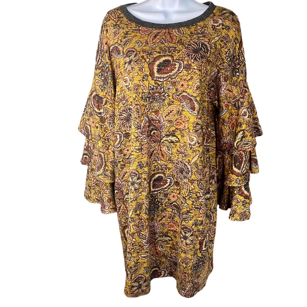 Uncle Frank Layered Bell Sleeve Knit Dress Mustard Gold Floral
